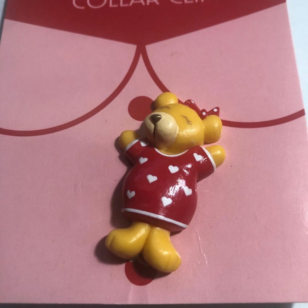 New Vintage Hallmark Collar Clip Valentines Girl Teddy Bear Red Dress Hearts
